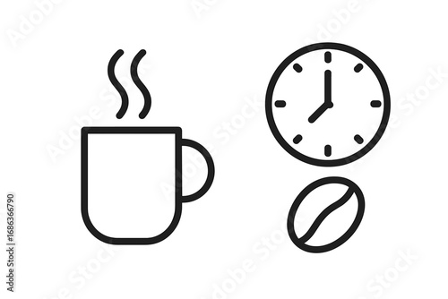 Coffee time icon set. Minimalist line art vector with hot coffee mug, clock and bean. Concept for morning drink, office break, cafe menu. Isolated symbol for web design.