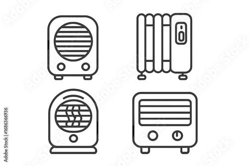 Minimalist Line Art Icons of Various Portable Heaters, Electric Heater Symbols, Radiator and Fan Heater Vector Set, Clean Design, Transparent Background, Home Heating and Comfort