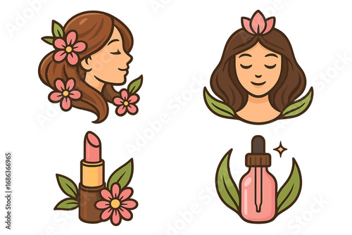 Beauty cosmetic icon set. Natural skincare vector logo collection. Woman face with flowers, lipstick, serum bottle. Spa, wellness, makeup concepts for feminine logo design.