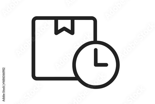Delivery time concept. Shipping schedule icon. Box and clock symbol. Package processing. Order pending status. Express logistics. Parcel tracking. Distribution service. Vector.