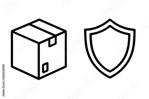 Safe delivery icon, package protection, and shipping insurance concept. Secure logistics symbol with box and shield. Product safety guarantee, cargo security, and protected transport.