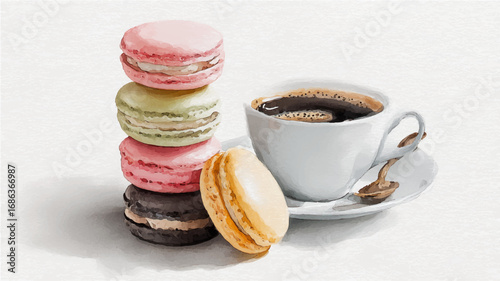 Stack of macaron cookies, watercolor painting vector, isolated on white background.