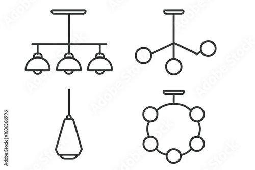 Minimalist line art light fixtures collection featuring modern chandelier designs, pendant lamps, and circular ceiling lights, vector cartoon illustration with transparent background, ordered set