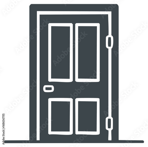 Stylized dark gray four-panel door icon illustration with visible latch and frame