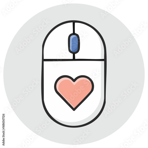 Computer Mouse with Heart Icon Online Dating Modern Technology Doodle Style Valentine's Day Social Media