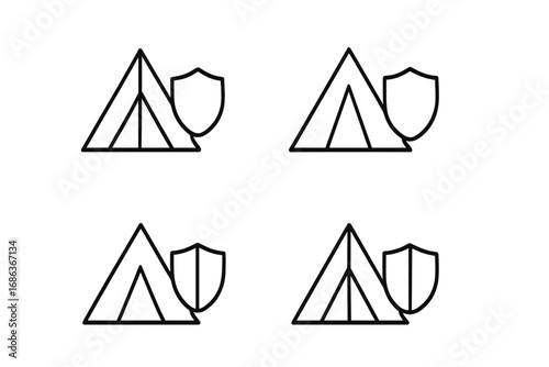 Safe camping icon with tent and shield. Concept for travel insurance, outdoor adventure protection, campsite security. Secure shelter symbol. Minimalist line art vector logo.