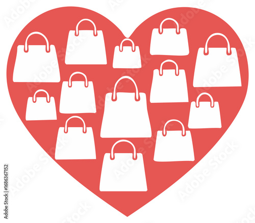 Love for shopping concept with many retail bags inside a large red heart symbol