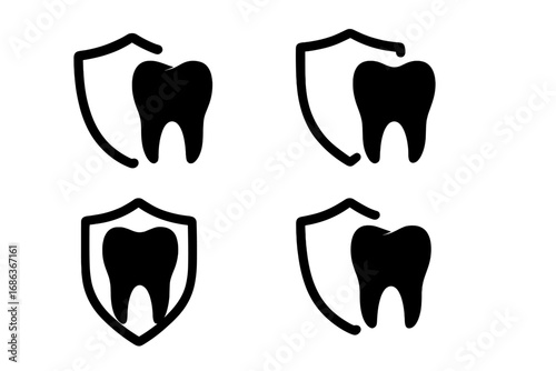 Set of tooth protection shield icons. Dental care, hygiene, and stomatology concept. Dentistry clinic logo or symbol for insurance. Oral health and safety vector design.