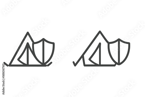 Camping safety icon. Tent and shield symbol for travel insurance, outdoor adventure protection, and secure shelter. Minimal line art vector for web, app, and logo design.