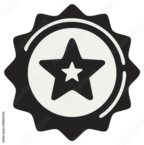 Monochrome icon of two stars, one nestled inside the other, framed by a circular scalloped border, conveying success