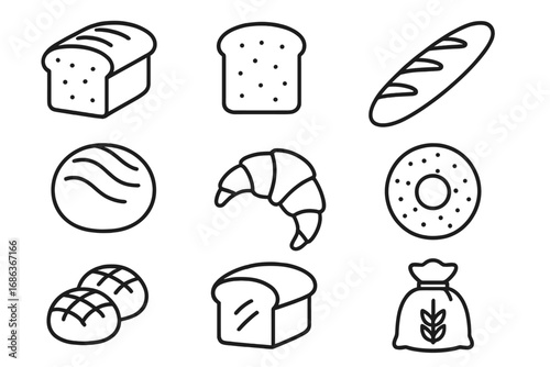 Bread icon set. Bakery, pastry, loaf, slice, baguette, croissant, bun, bagel, flour vector icons. Thin line symbol collection for baking, food, grocery store. Editable stroke.