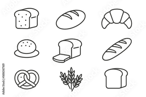 Bread and bakery thin line icon set. Vector symbols of loaf, toast, croissant, baguette, bun, pretzel, wheat. Pastry and baked goods outline pictograms for web and apps.