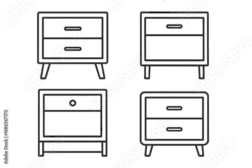 Minimalist line art nightstands set with clean modern designs for contemporary interiors, vector cartoon illustration, transparent background, stylish furniture collection