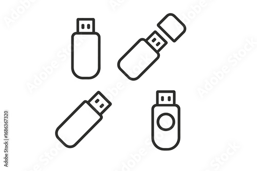 Minimalist line art USB flash drive icon set, vector cartoon illustration, clean transparent background, ordered collection of memory stick symbols, technology storage concept