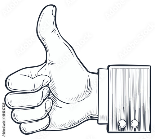 Hand with thumb up gesture in black and white engraving style, vintage illustration