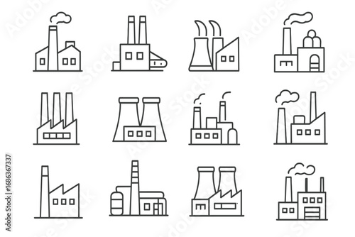 Factory and industry line icon set. Power plant, manufacturing, industrial building outline vector symbols. Nuclear station, pollution and energy production thin line pictograms.