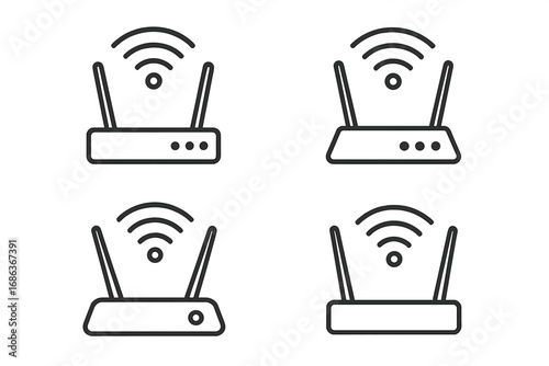 Minimalist line art WiFi routers with wireless signal icons in various modern designs, vector cartoon illustration set, transparent background, tech connectivity symbols collection