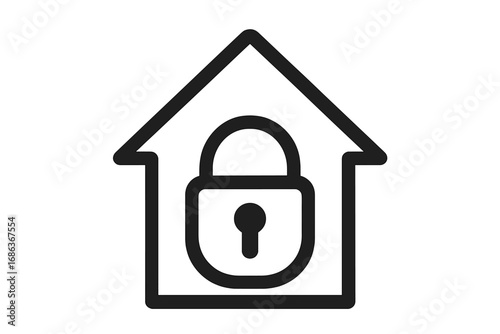 Home security icon with house and lock. Concept of safety, protection, and private property. Vector outline symbol for real estate, insurance, mortgage, and stay home concept.