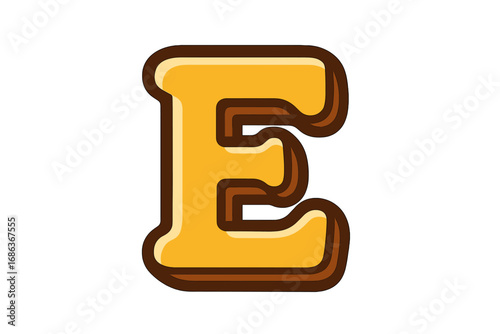 Letter E font in a 3D cartoon alphabet style. Bold typography design element for a logo or icon. Retro vintage yellow and brown initial character vector illustration isolated.