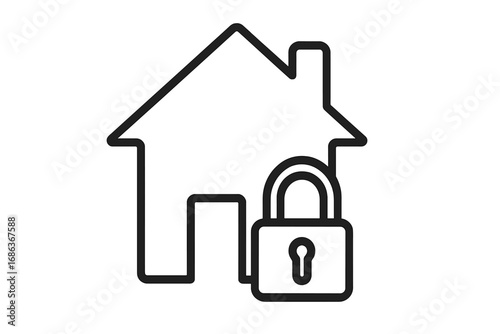 House security icon with padlock. Home safety, property protection concept. Real estate insurance and mortgage symbol. Vector outline illustration for web, app, and design.
