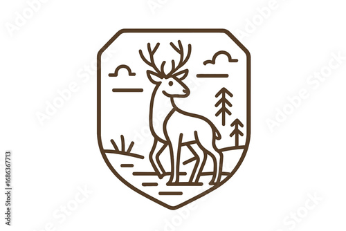 Deer logo monoline style vector. Stag shield emblem. Wildlife nature forest symbol. Outdoor adventure badge. Hunting club icon. Minimalist line art animal illustration design.