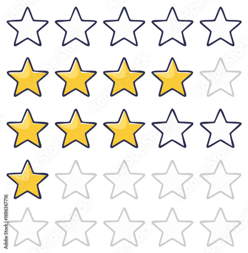 Five Star Rating System Hand Drawn Yellow Star Evaluations Feedback Score