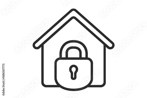 House security icon with house and padlock. Home safety and property protection concept. Real estate insurance linear symbol. Vector illustration for web, apps, graphic design.