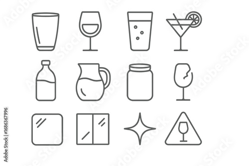 Glassware and drinkware line icon set. Vector collection of outline symbols for bar menus, beverages. Includes wine, cocktail, water glass, bottle, pitcher, jar, fragile sign.