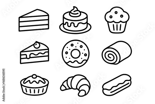 Dessert and pastry outline icon set. Bakery and sweet food concept. Minimalist line vector collection with cake slice, cupcake, donut, croissant, eclair, tart, swiss roll.