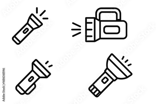 Flashlight and torch icon set in a modern outline style. Vector illustration collection of linear lamp and lantern symbols for camping, hiking, travel or emergency situations.