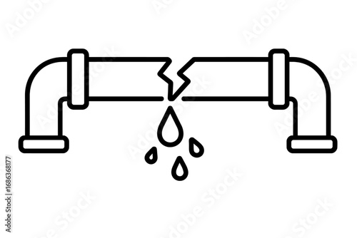 Broken pipe water leak vector icon. Plumbing problem, burst pipeline, water damage concept. Leaking tube with dripping drops. Emergency repair symbol outline illustration.