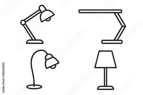 Minimalist black and white linear desk and table lamps collection, vector cartoon illustration, modern lighting designs, sleek and stylish light fixtures, transparent background