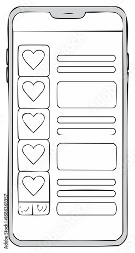 Smartphone interface screen featuring heart symbols and social media feed elements.