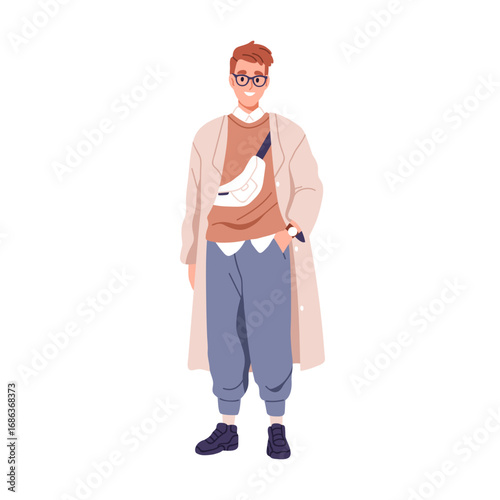 Modern man in casual outfit, urban style apparel. Young male wearing layered ...
