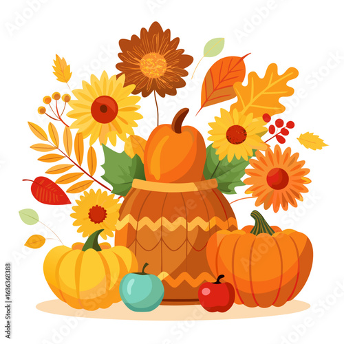 Autumn arrangement with pumpkins, sunflowers, and leaves