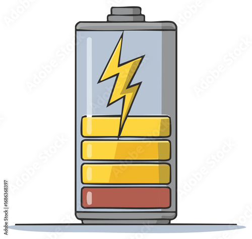 Cartoon Battery with Lightning Bolt Energy Symbol, Low Charge Level Illustration