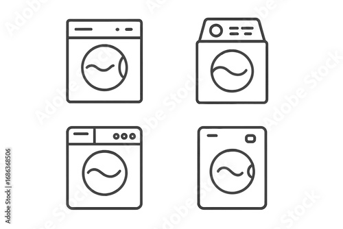 Minimalist linear icons of various modern washing machines, home appliance symbols, vector cartoon illustration with transparent background, set of household laundry equipment icons