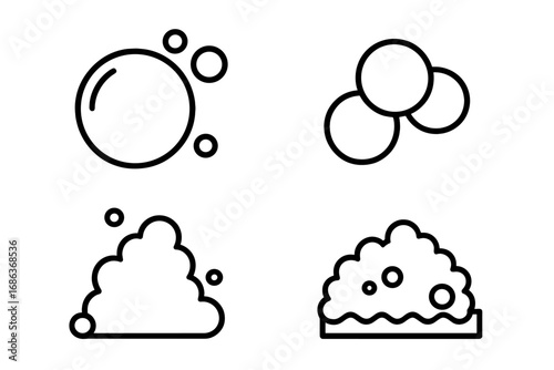 Bubble and foam linear icon set. Vector soap suds, shampoo lather, and fizzy drink pictograms. Cleaning, washing, and carbonated water symbols for interface and web design.