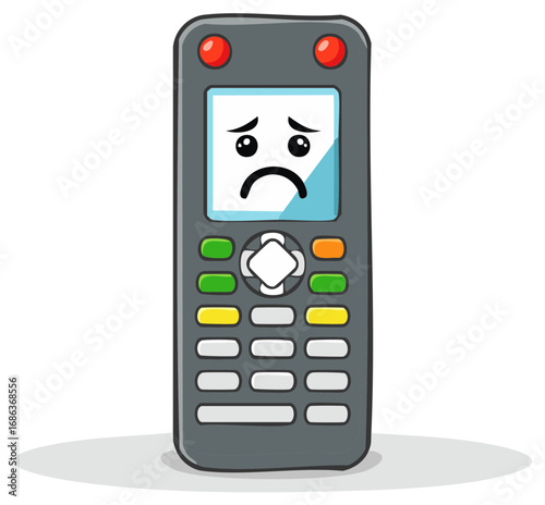 Cartoon remote control with sad face on screen, representing electronic device problems or malfunction.