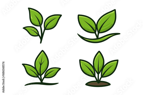 Set of green leaf logo icons. Vector cartoon plant sprouts for eco, bio, and organic products. Natural growth concept symbols for ecology, vegan brands, and nature themes.