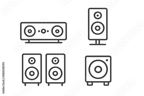 Minimalist Linear Speaker Icons Set for Modern Audio Systems, Vector Cartoon Illustration with Transparent Background, Includes Subwoofer, Stereo Speakers, and Center Channel Design