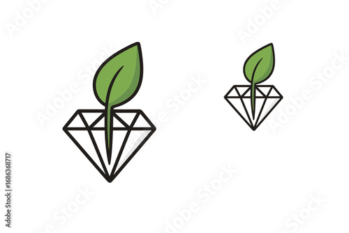 Green investment growth concept. Plant sprout growing from a diamond. Metaphor for sustainable business, eco-friendly finance, and valuable nature. Vector logo icon illustration.