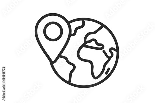 Globe with map location pin icon. World map with destination pointer. Global business, international travel and tourism concept. GPS navigation symbol vector outline illustration.