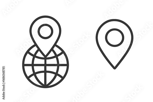 Location pin on globe icon. World map marker symbol. Global position and navigation sign. GPS pointer for travel, destination, and address. Vector line art illustration set.