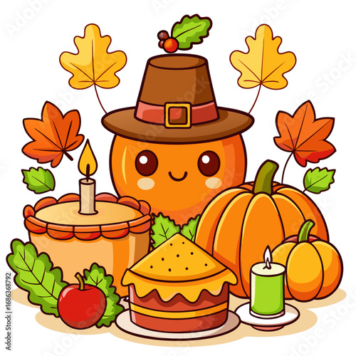 A cute thanksgiving feast with pumpkin and pie