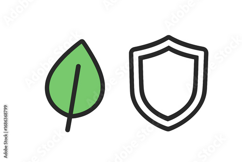 Leaf and shield icon. Concept of environmental protection, nature conservation, and ecology safety. Natural, organic defense symbol. Vector illustration for web, app, logo.