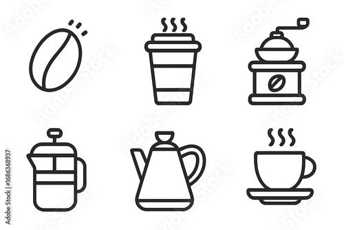 Coffee icon set line art vector. Bean, cup to go, grinder, french press, pot, mug for cafe menu, app, website. Morning beverage concept illustration. Drink outline symbols.