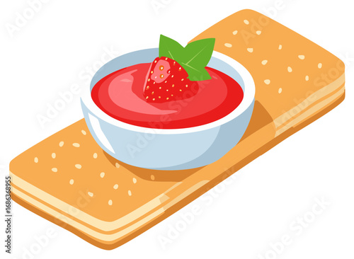 Bowl of strawberry jam with a fresh berry and mint garnish on a cracker