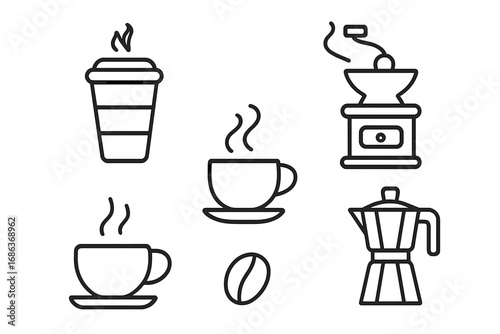 Coffee line icon set vector. Outline graphic collection for cafe menu, app. Includes espresso cup, moka pot, grinder, bean, takeaway drink. Barista symbols illustration.