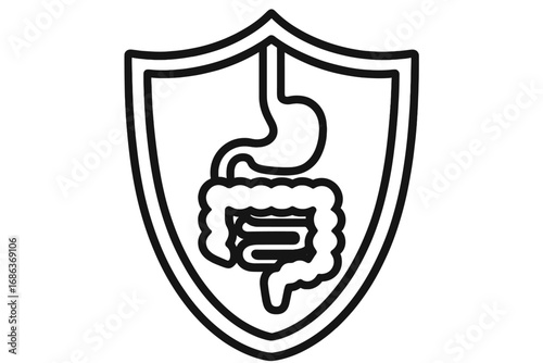 Stomach and intestines protection shield outline icon. Concept for gut health, digestion, gastrointestinal tract care. Vector for probiotics, medical apps, and wellness design.
